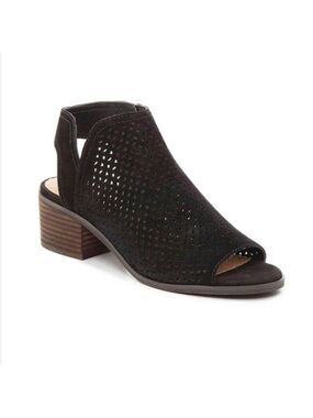 Lucky Brand Nonina Suede Chunky Heel Laser Cut Leather Sandals, Size 7